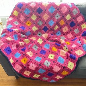 Vintage 70s afghan, pink, blue granny squares throw